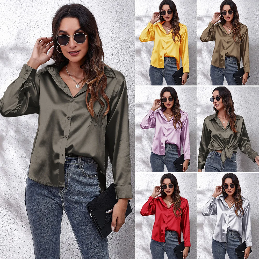 Women\'s Casual Shirt Women\'s Satin Imitation Silk Long-sleeved Cardigan Shirt Office New Clothing