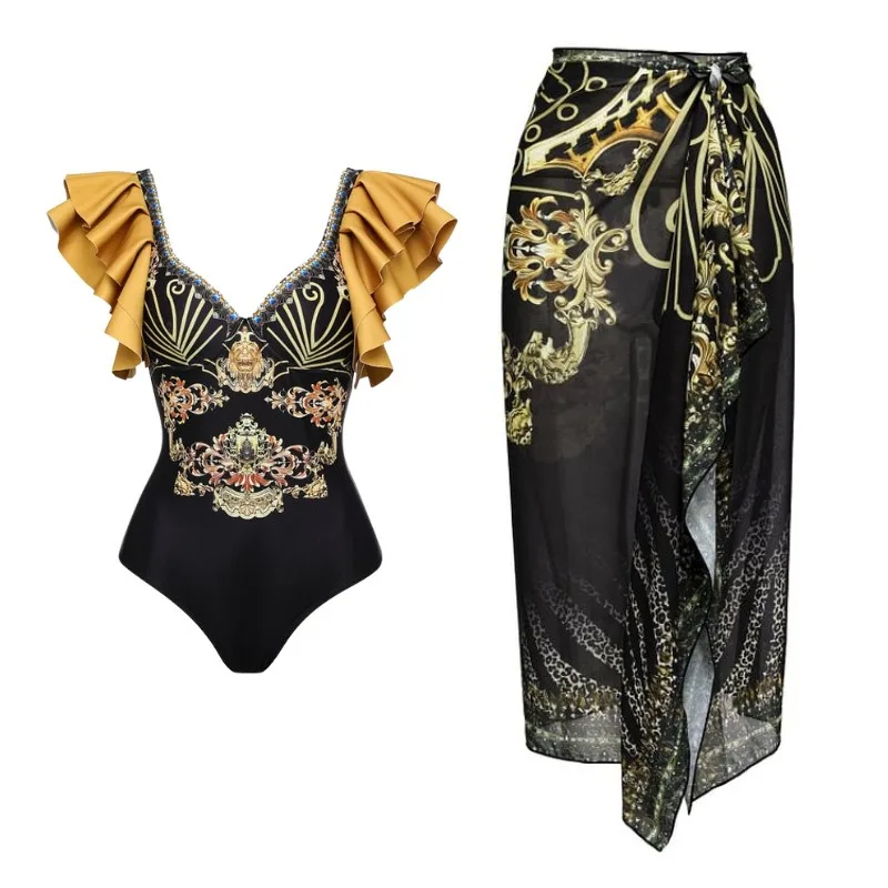 One Piece Swimsuit For Women Lotus Leaf Edge Black Gold Print One-piece Swimsuit Women's Foreign Trade Swimsuit Amazon