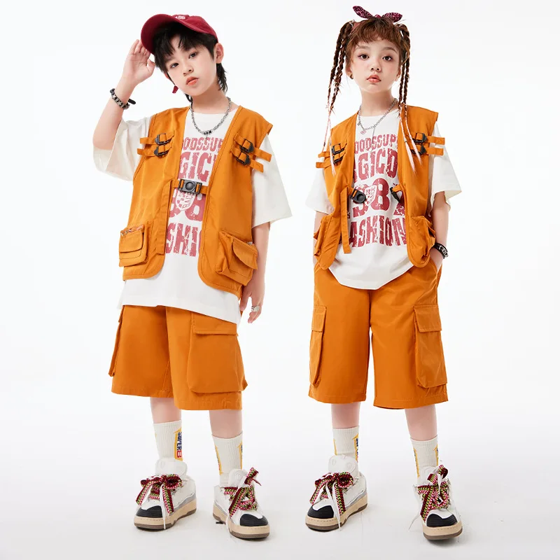 

Kid Kpop Hip Hop Clothing Orange Sleeveless Jacket Vest Casual Flap Pocket Cargo Shorts for Girl Boy Jazz Dance Costume Clothes