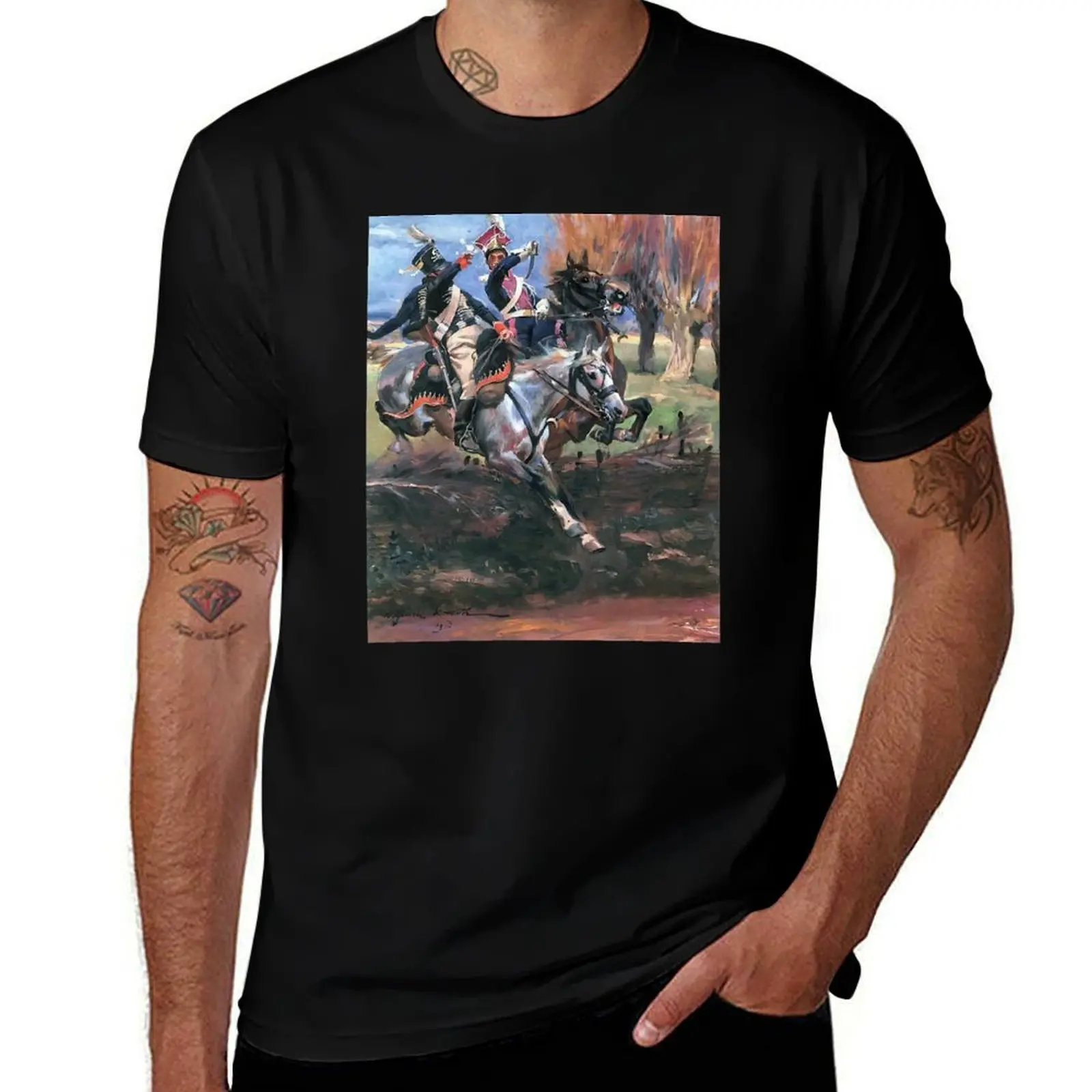 Polish Chevau-léger and Prussian Hussar in Combat by Wojciech Kossak T-Shirt korean fashion boys whites t shirts for men