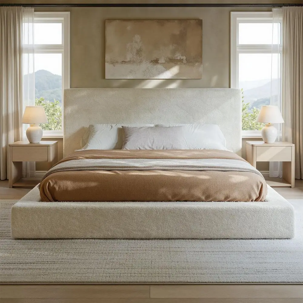 

White King Upholstered Bed Frame with Headboard,Soft Frame Cloud Bed with Adjust 2 Bedside Table,Modern Platform Cushion Bed Fr