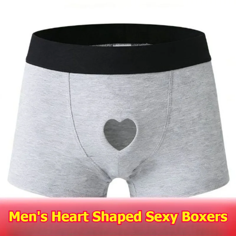 Men's Sexy Heart Shaped Hollow Out Cotton Boxers Front Open Hole Design Male Cute Panties Outdoor Play Easy Breathable Underwear