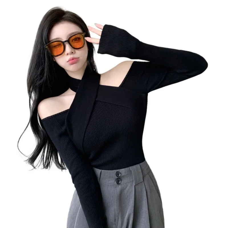 Winter Women\'s Sweater Knitted Long Sleeve Versatile Off Shoulder Hanging Neck Straight Sexy Sense Tops