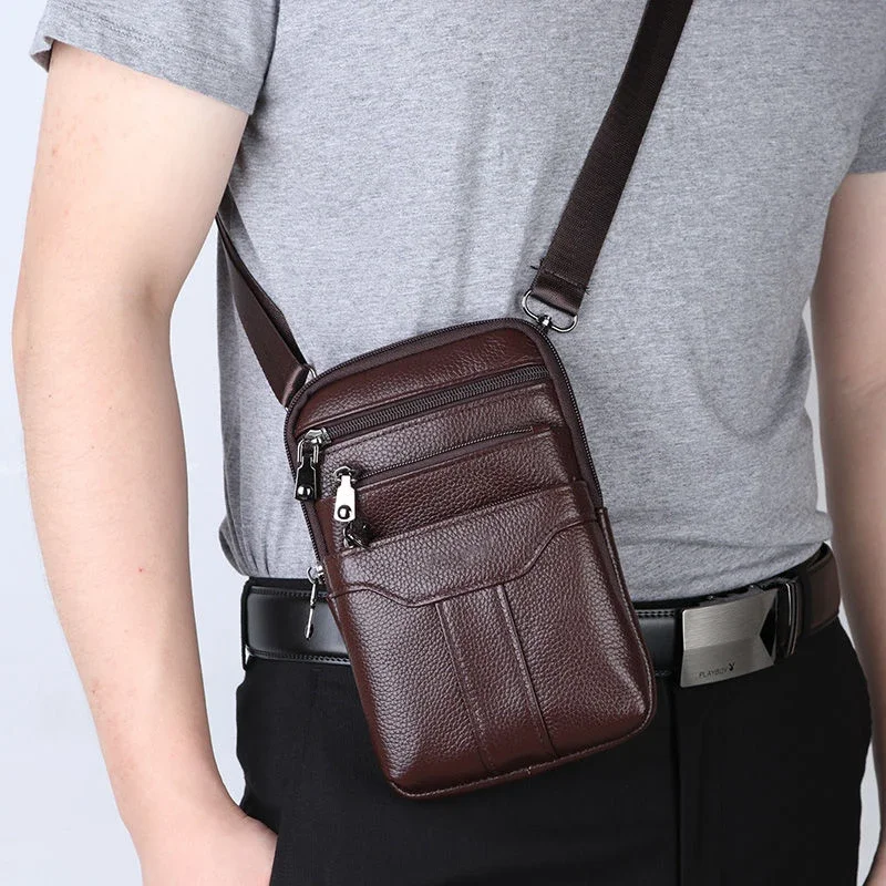 Mens Shoulder Bag Cell Phone Crossbody Purse Phone Holster Case Genuine Leather Belt Waist Bags Pouch Small Messenger Slim Bag