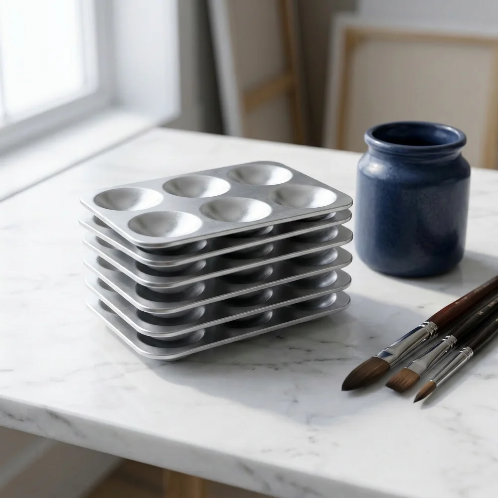 1/5/10Pcs 6-Well Rectangular Aluminum Paint Palette, Metal Mixing Tray for Watercolor Acrylic Oil, Artist Art Supplies