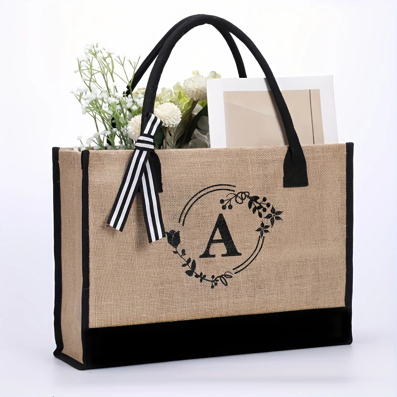 Personalized alphabet printed single shoulder linen men's bag large capacity handbag open handle handbag handbag