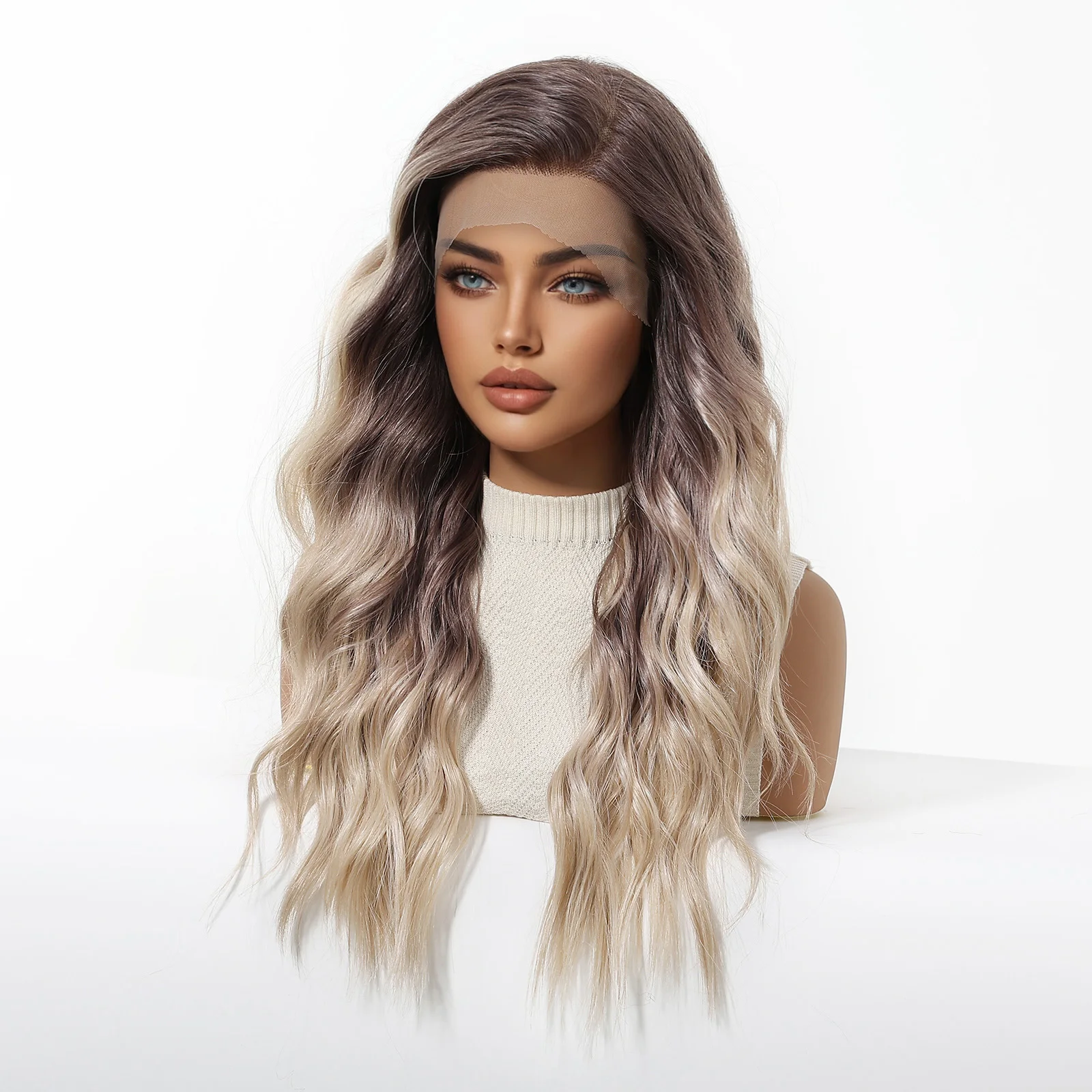 13*6 Synthetic Lace Front Wigs Ombre Brown Blonde Hair Wig for Women Long Wavy Hair Realistic Daily Wig Heat Resistant Fiber