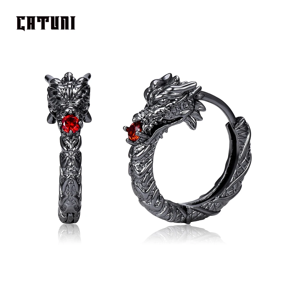 Catuni Hot Dragon Goth Punk orecchini a cerchio rame intarsiato zircone rosso Hip Hop Rock orecchino accessori gioielli regalo per uomo donna