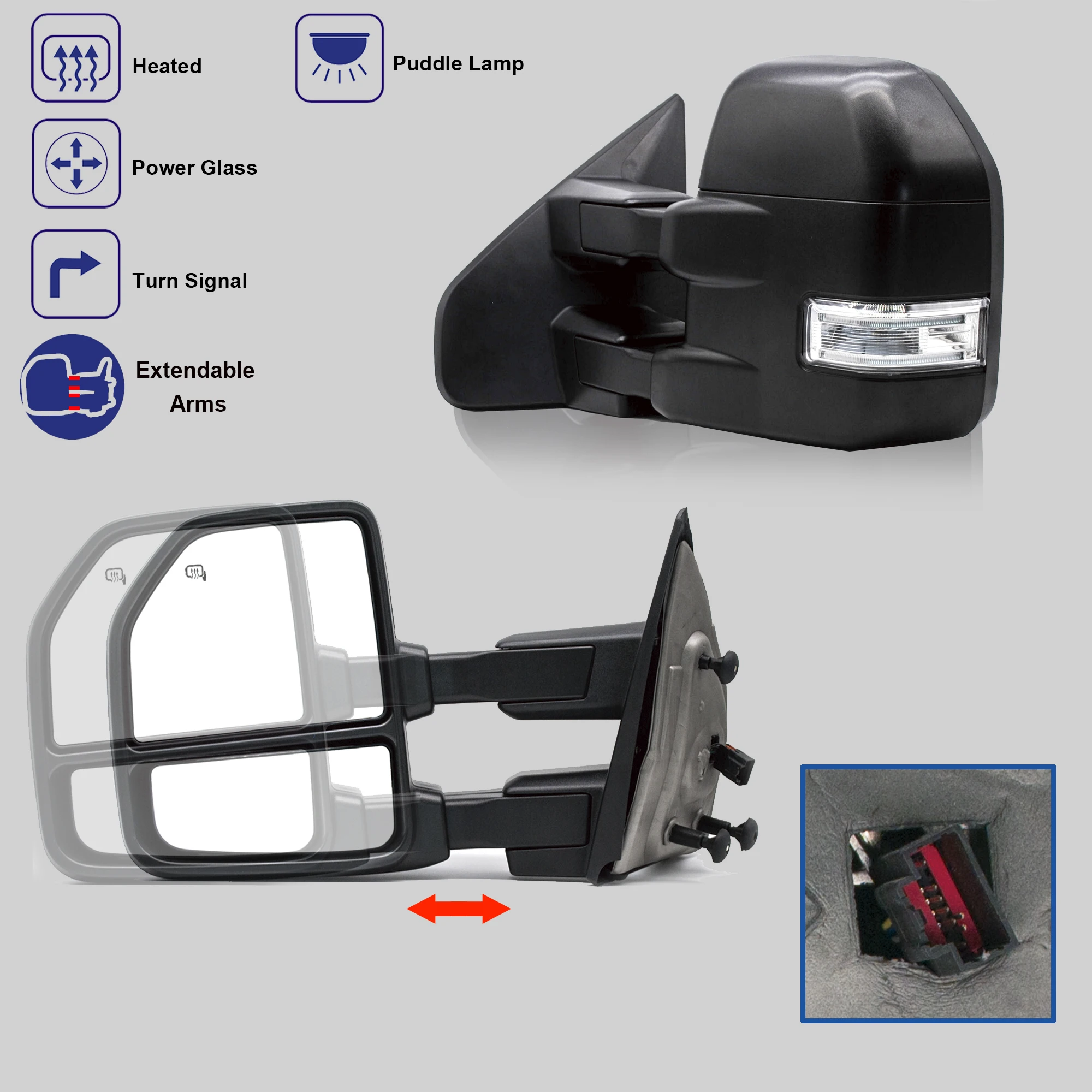 Towing Mirrors Black Housing for 2004-2014 Ford F150 Power Heated Puddle Lamp LED Turn Signal Light Manual Telescopic