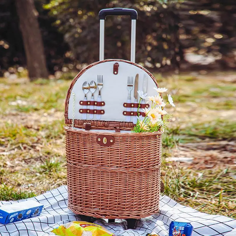 Outdoor Pull Rod Type Picnic Basket Container Multi-function Rattan Weave Picnic Carrier with Wheels Semi-circular Food Storage