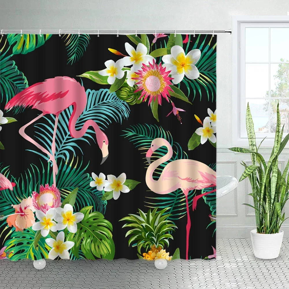 Tropical Jungle Flamingo Shower Curtains Green Plants Palm Tree Parrot Birds Polyester Fabric Bath Curtain Set Bathroom Decor