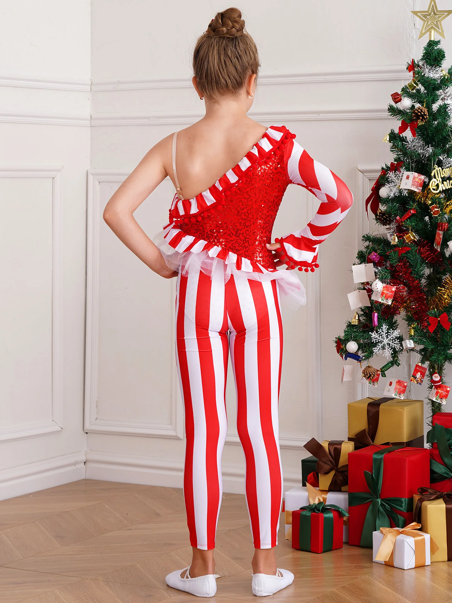 Body con volantes y Pompón para niñas, mono a rayas con corpiño de lentejuelas, traje de escenario de baile de salón, ropa de Festival de Navidad