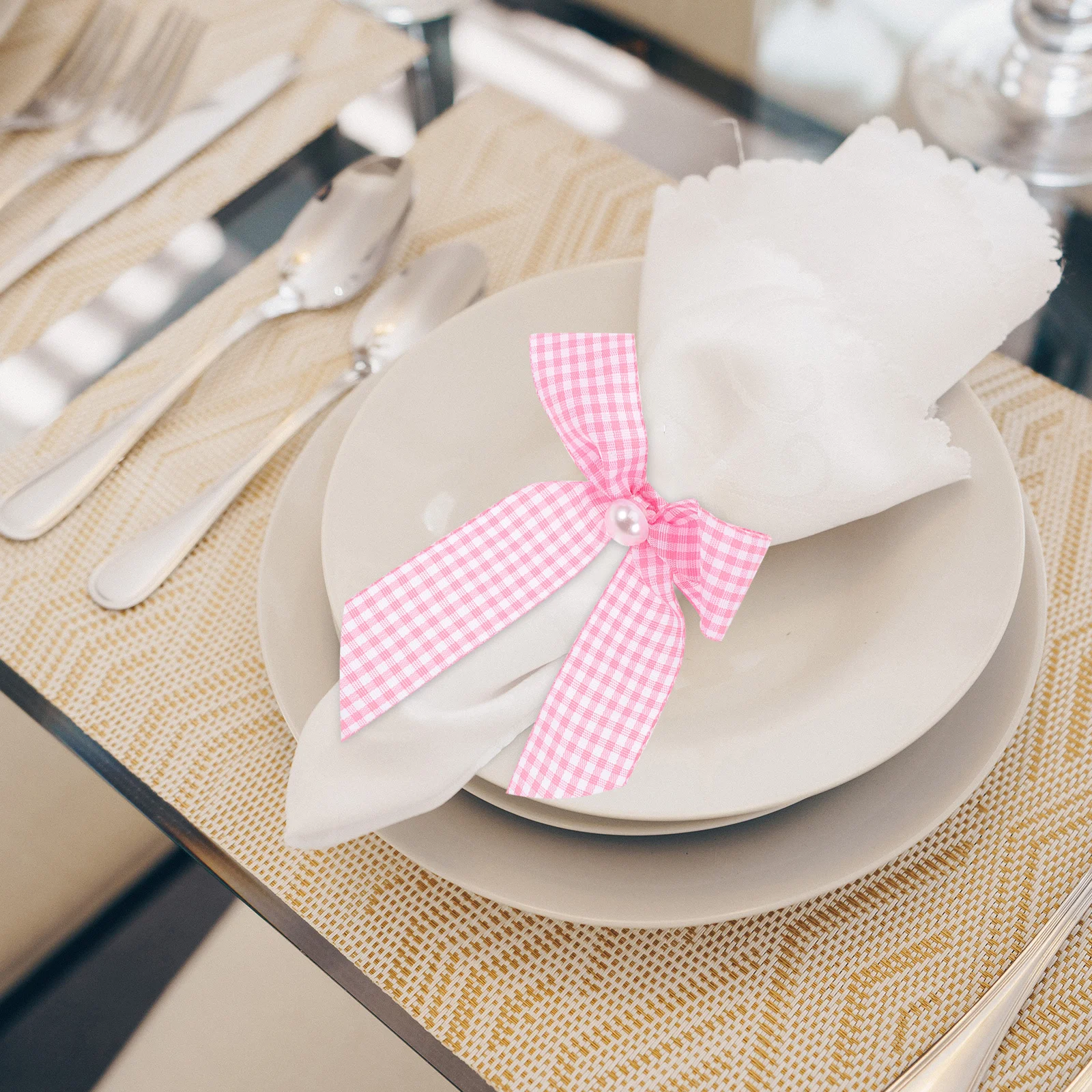 

12Pcs Pink Bow Napkin Rings Shower Wedding Bridal Brunch Tea Party Ribbon Checkered Faux Pearl Table Decor Reusable Napkin