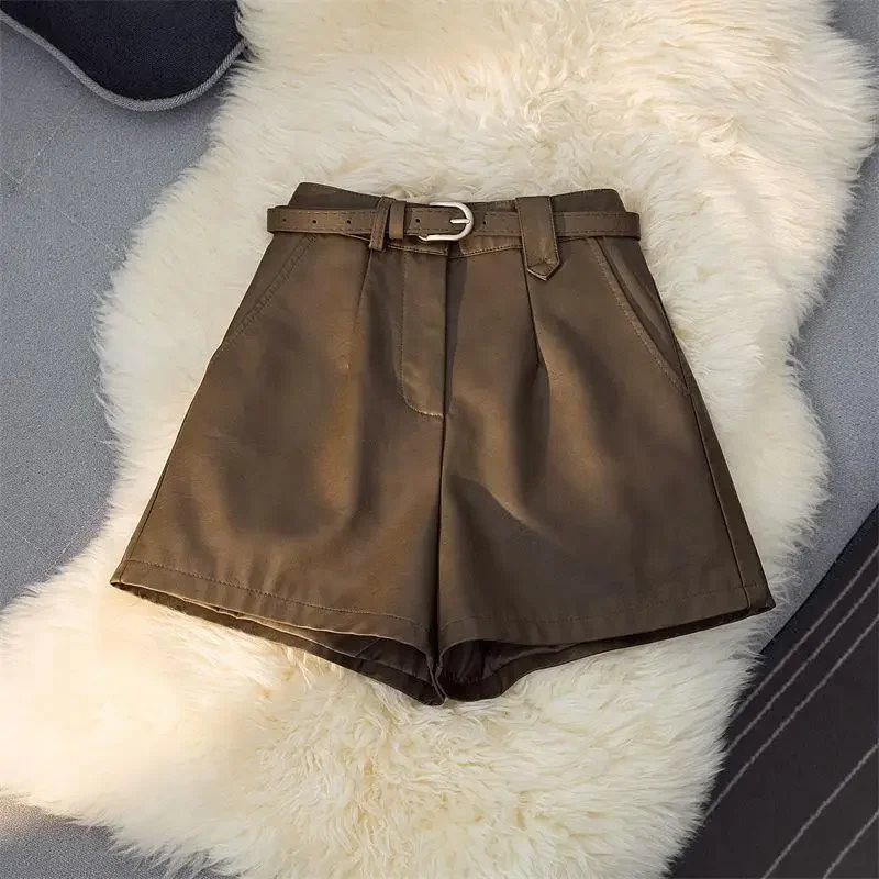 Pu Lederhosen Dames Nieuwe Herfst en Winter Persoonlijkheid met een Hoge taille Dun Een Woord Wijde Pijpen Broek Legging Shorts Dames Y2k