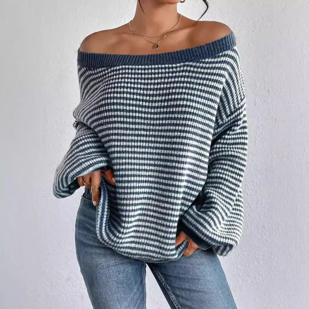 Women's Striped Long Sleeved Loose Knit Sweater with Off Shoulder Sleeves Versatile and Loose Fitting 2024 Autumn