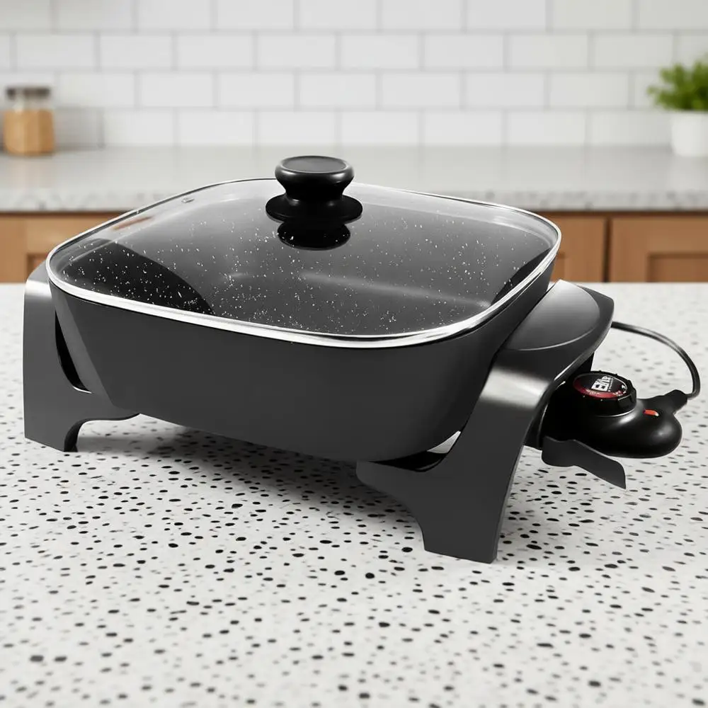 

Extra Deep 12x12x3.2 (7.5Qt.) Scratch Resistant Dishwasher Safe Non-stick Electric Skillet with Glass Vented Lid, Adjustable Tem