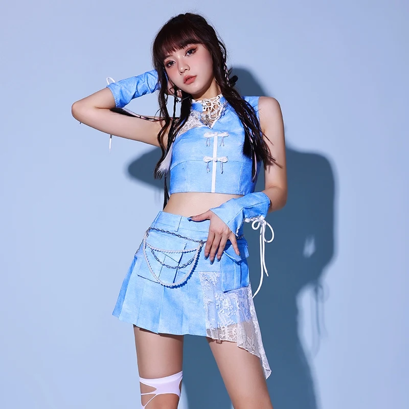 

Group Jazz Dance Costumes For Women Blue Loose Kpop Outfits Street Dance Wear Hip Hop Dance Cheerleading Stage Clothes DQS16544