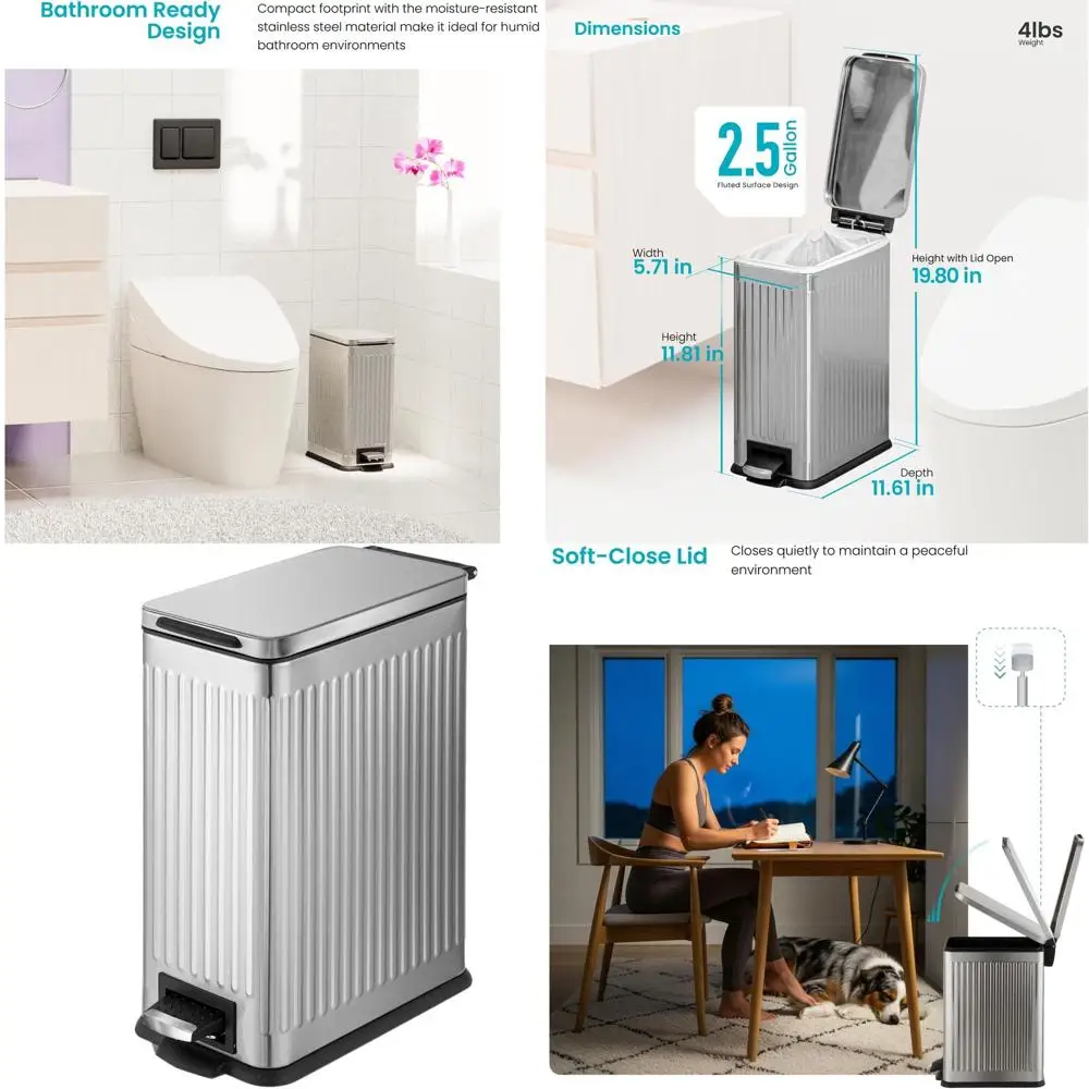 

10L Stainless Steel Step Pedal Trash Bin with Lid, Slim Ribbed Design for Home & Office, Silver