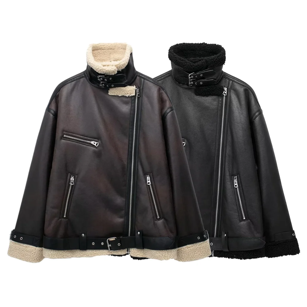 

BSK&TRAF autumn and winter new women's motorcycle jacket thickened windproof warm imitation fur one-piece casual versatile coat
