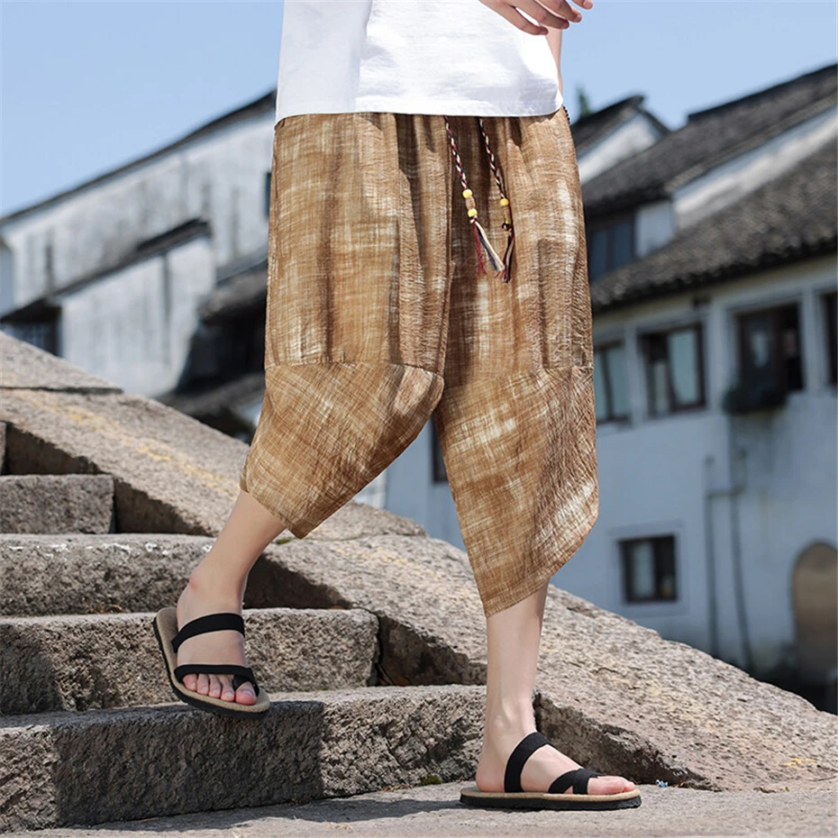 Large Size Harem Shorts Mens Summer Thin Vintage Print Casual Trousers Men Harajuku Chinese Style Baggy Calf Length Pants Male