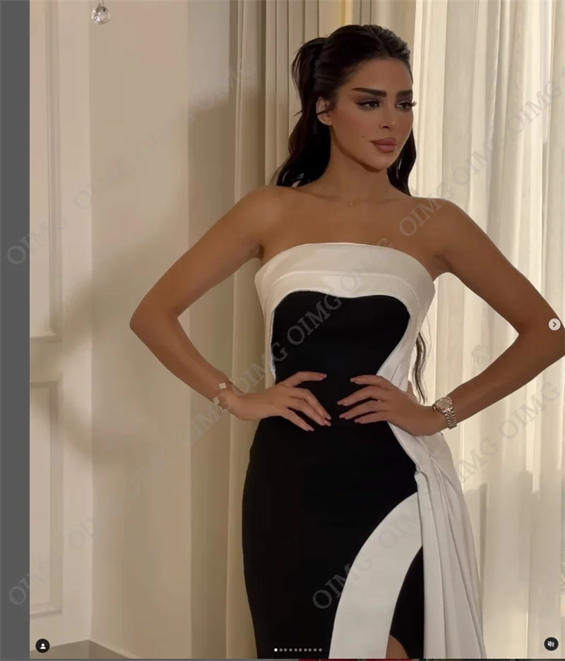 Hot Saudi Arabia Black/White Formal Night Prom Dress Strapless Sleeveless Long Beach Slit Evening Gowns Dresses Robe De Soiree