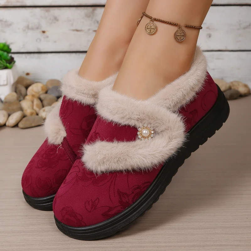 2026 Winter Women Mother Cotton Shoes One-piece Slip-on Floral Furry Trim Plus Velvet Warm Thick Non-slip Sole Casual Daily
