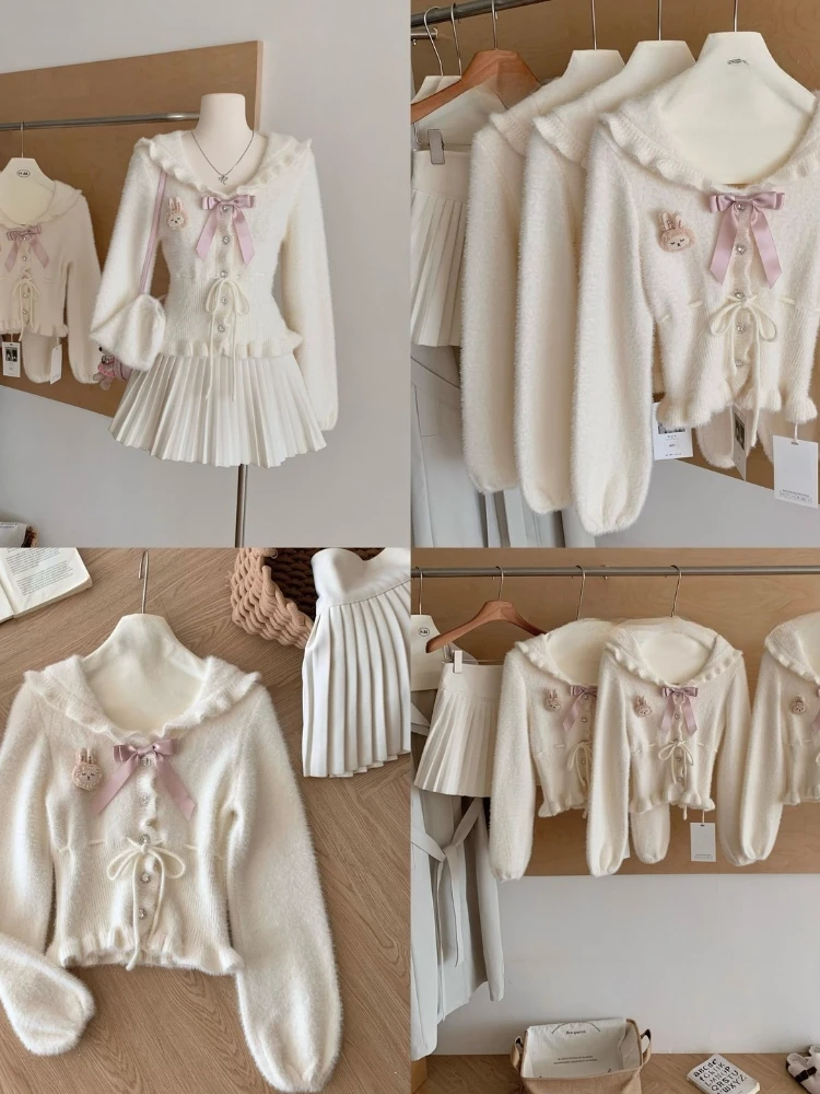 سترات جميلة على الطراز الياباني الجديد لخريف 2025 سترات نسائية كاواي على طراز بريبي أنيقة أنيقة بفيونكة سترة صوفية عصرية رائعة #5