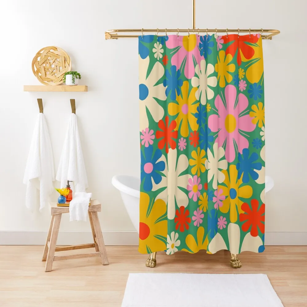 

Retro Flowers 60s 70s Aesthetic Colorful Floral Pattern in Pop Green Blue Pink Red Mustard Yellow Cream Shower Curtain