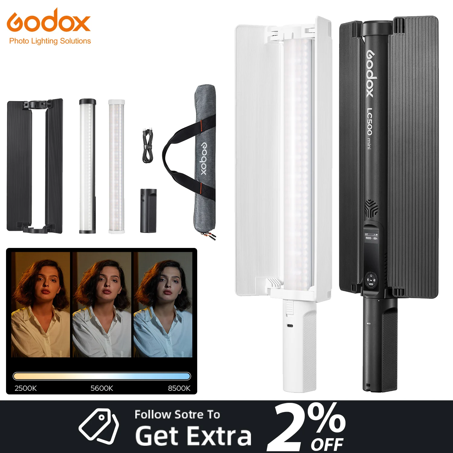 

GODOX LC500 mini 20W LED Stick Light RGBWW LED Light Stick Bi-color Light 2500K-8500K Color Temperature CRI 95 Fill Lighting