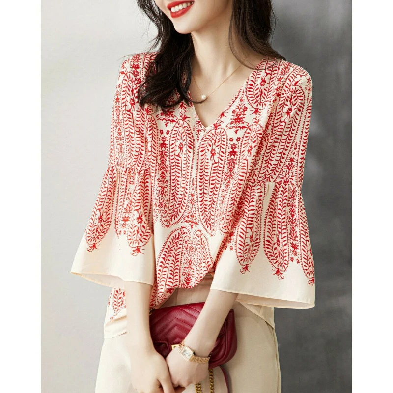 Spring Autumn Horn Sleeve V-neck Chiffon Style Printed Loose Women's Clothing Fitting Pullover with Seven Quarter Sleeves Shirts