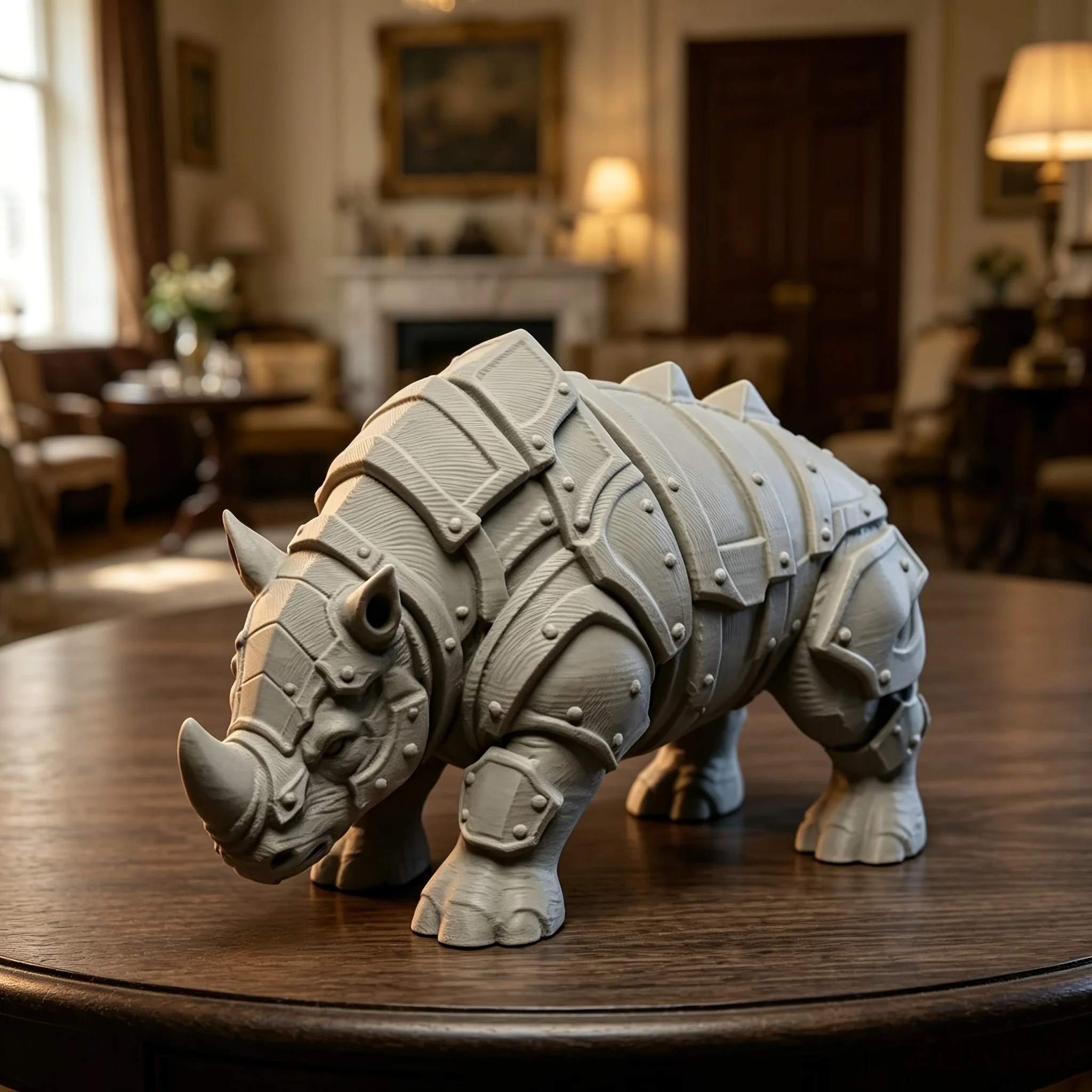Mecha Armored Rhino Mini Figurine 3Dprinting Medieval Rivet Armor Rhinoceros Sculpture Cool Tabletop Decor for Study Office Gift