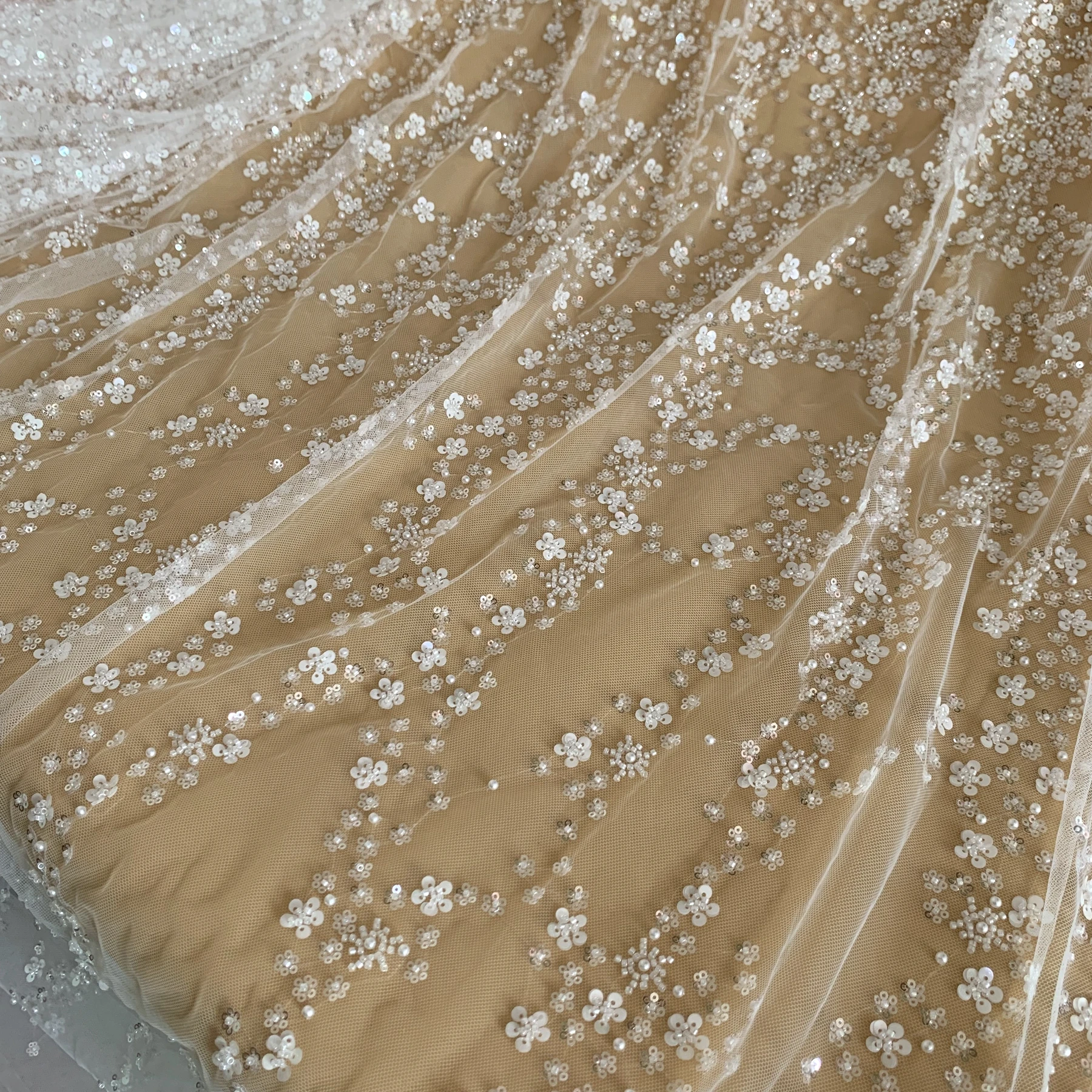 130CM Wide Luxury Lace Fabric Beads Sequins Embroidered Tulle Lace Off White 2023 NEW 1 Yard