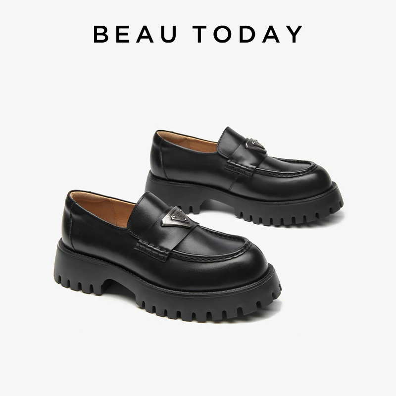 BeauToday Penny Loafers Women Genuine Cow Leather Round Toe Metal Design Thick Sole Slip-On Uniform Dress Shoes Handmade 26614