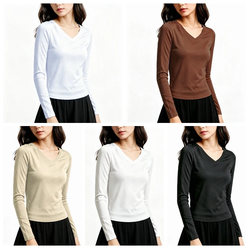 Damen Langarm V-Ausschnitt Slim Fit T-Shirt, Einfarbig, Weich, Dehnbar, Gestricktes Unterhemd, Casual Alltags-Unterwäsche für Frauen Q43 – Detail 2