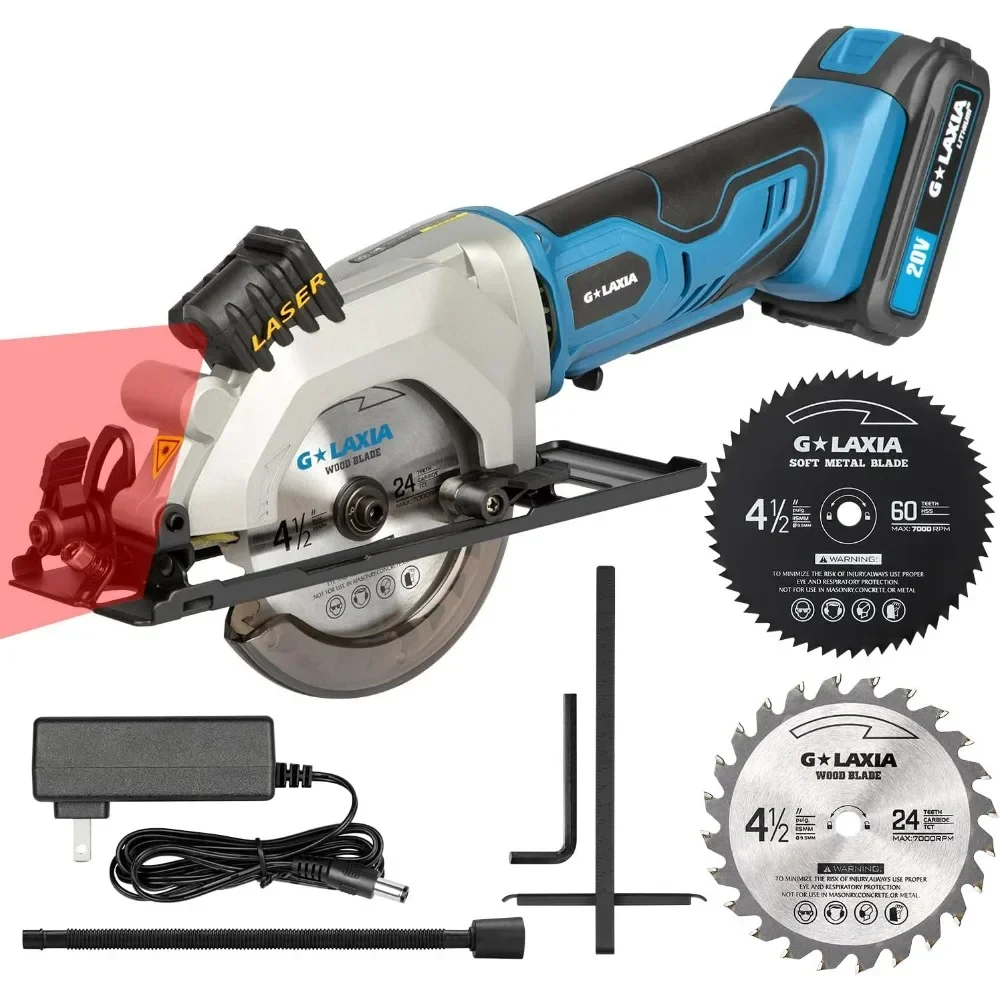 Mini Circular Saw, 4-1/2" 3400RPM Cordless Circular Saw with Laser Guide, Rip Guide, Compact Hand Saw with 2Pcs blades（24T+60T)