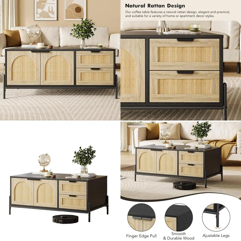 

LED-Illuminated Rattan Coffee Table with Storage Drawers and Doors, Modern Farmhouse Style in Black & Oak
