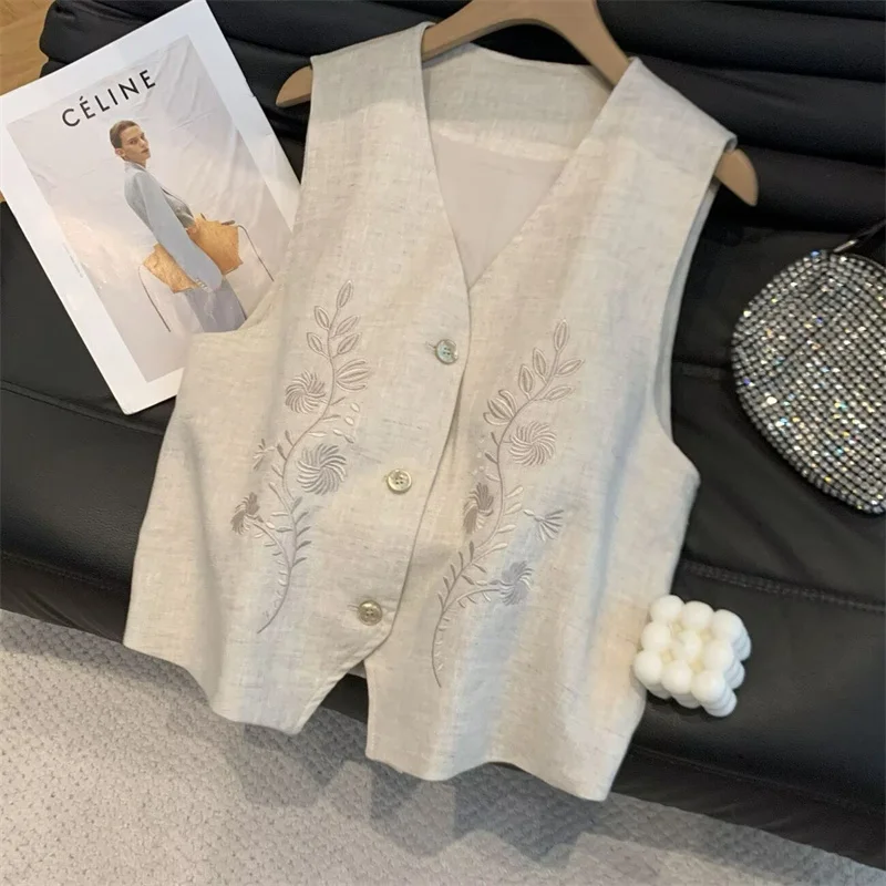 

New Women Vest Fashion Spring and Summer Round Collar Sleeveless Waistcoat Loose Embroider Vest Coat Joker Women Cardigan Jacket