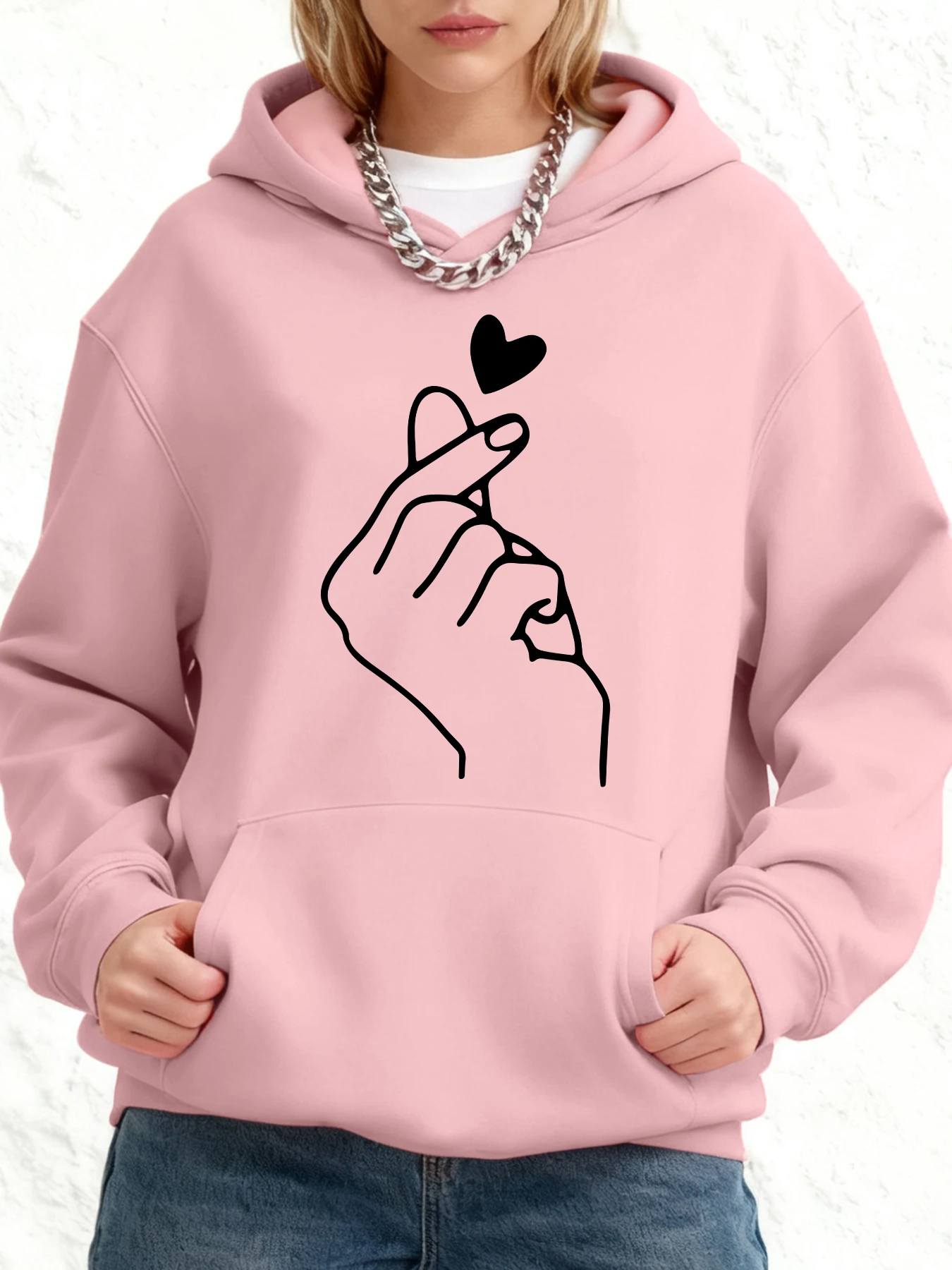 سترة نسائية بغطاء للرأس مطبوعة يدويًا على شكل قلب بسيط للخريف، سترة بغطاء للرأس كبيرة الحجم من القطن ثقيلة الوزن #1