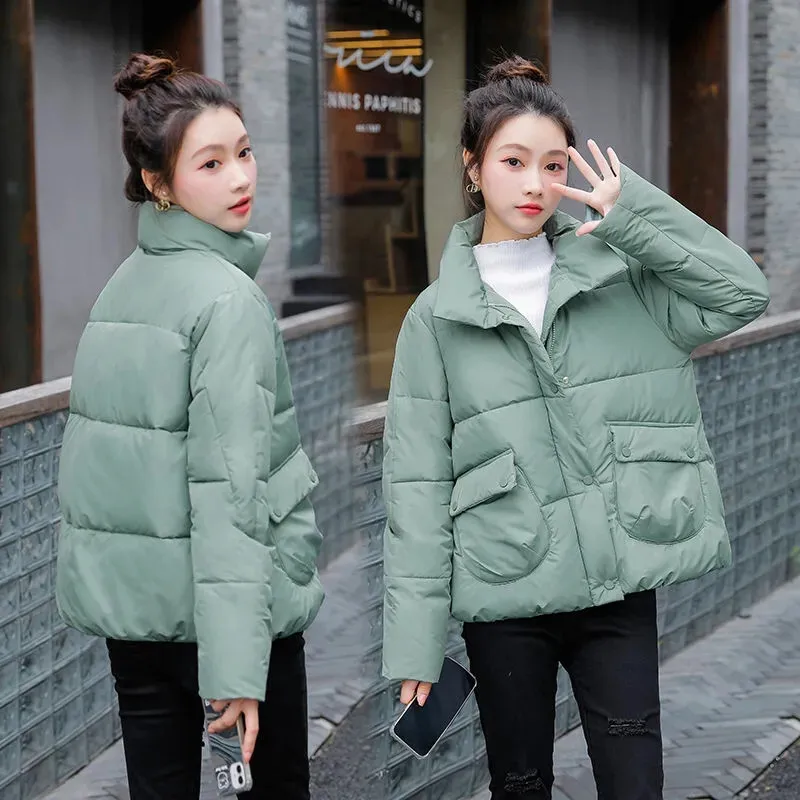 2025 New Winter Short Cotton Coat Women Loose Stand-Up Collar Outerwear Pure Colour Thicken Jacket Fashion Parka Overcoat Female