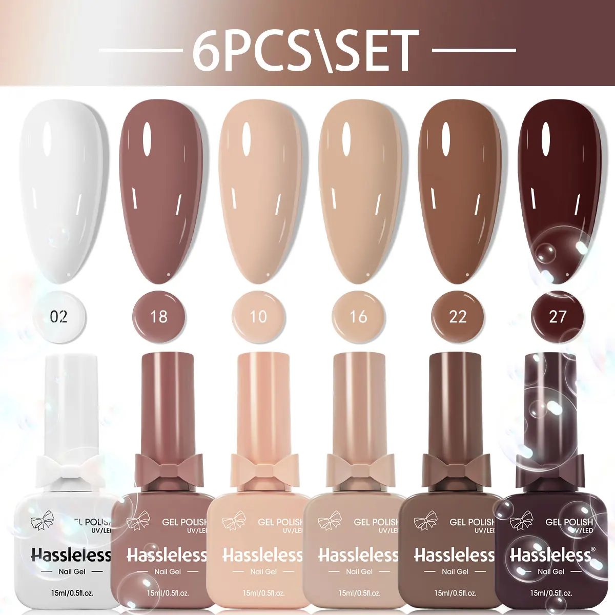 

Hassleless 6-piece new solid color nail polish set, 15ml each, compatible with LED UV lamps, suitable for professional nail salo