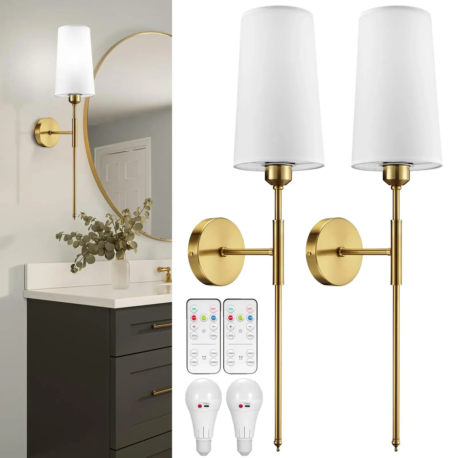 2Pack Gold Batttery Operated Wall Sconces With Bulbs Wireless Rechargeable Powered Wall Lamp with Remote