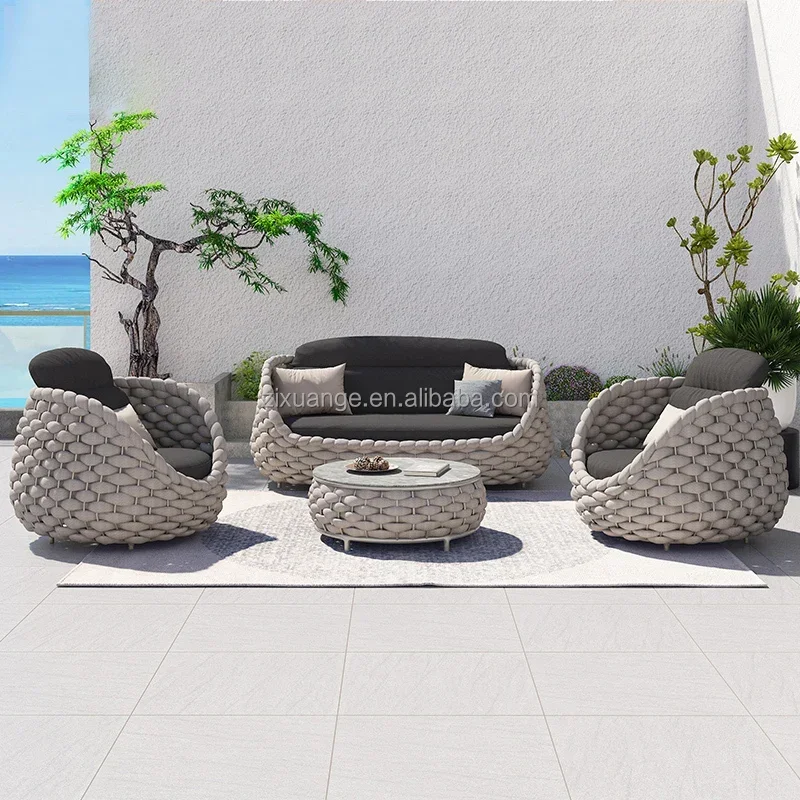 

Large Outdoor Garden Waterproof Wicker Sofa Sets luxury Customized waterproof Fabric aluminum rope Furniture rattan sofa