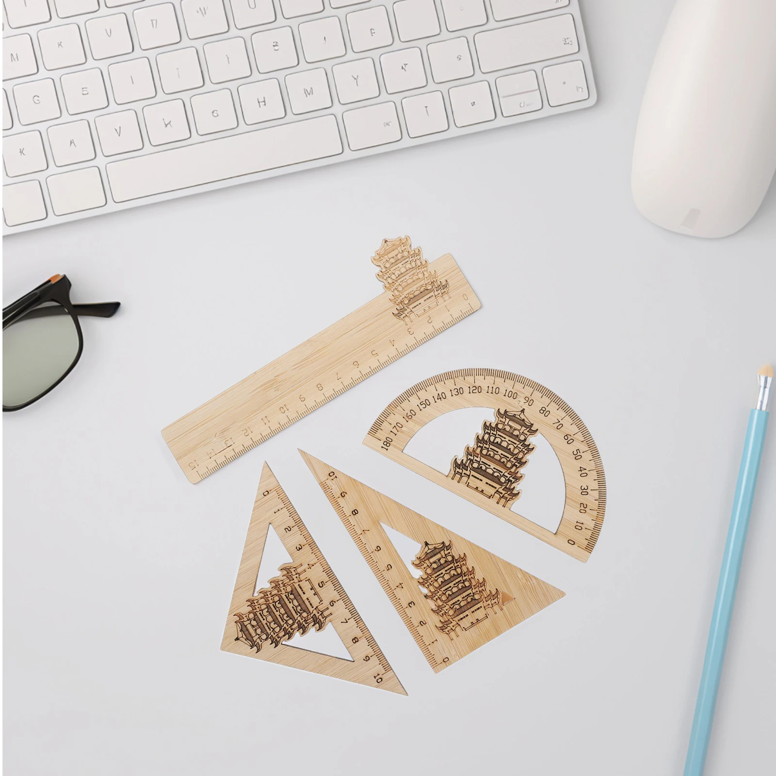 

4pcs Chinese Style Bamboo Ruler Yellow Crane Tower Theme Geometry Triangle Protractor Drafting Tool Precision Measurement Set