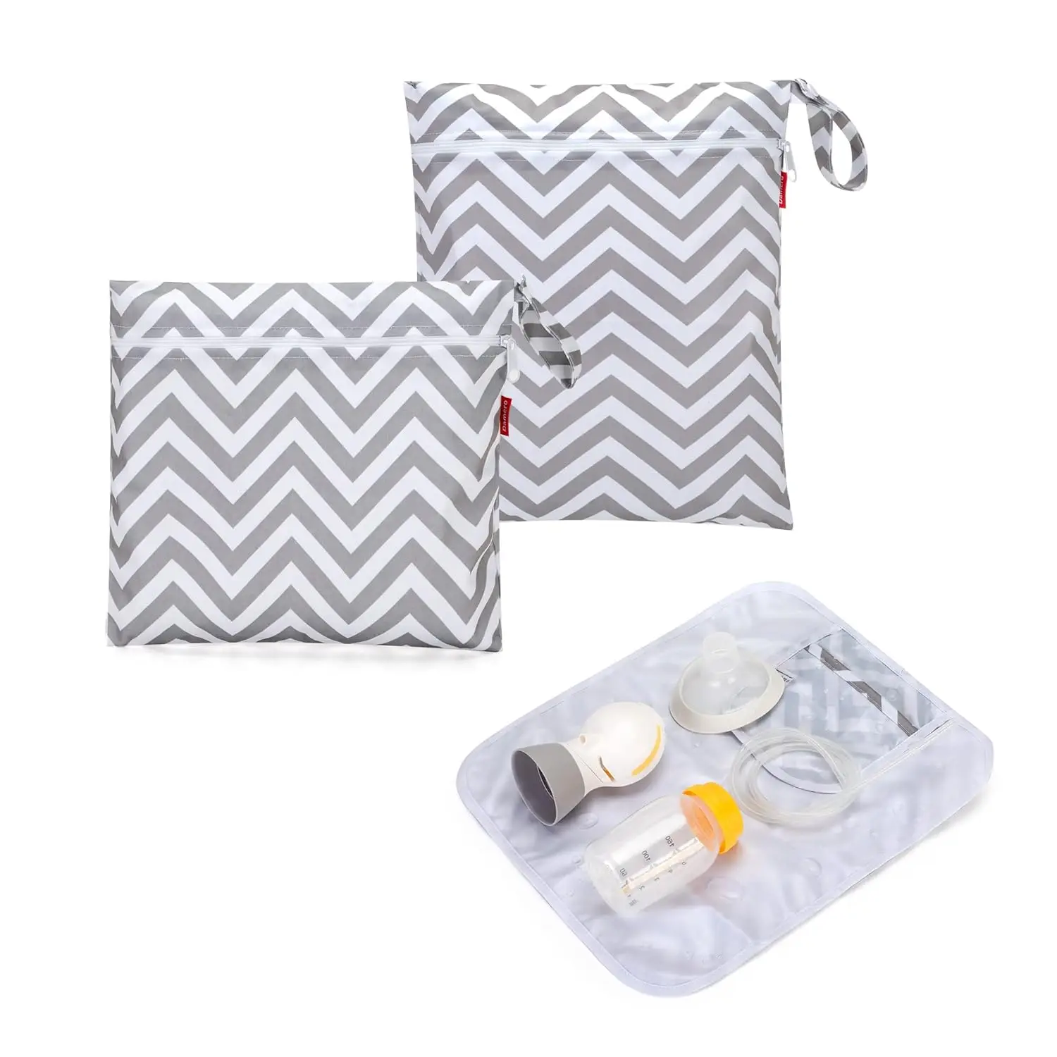 

Breast Pump Parts Bag 2Pack Wet Dry Bag with Waterproof Mat, Gray Chevron Large Capacity Storage for Pump Parts Diapers