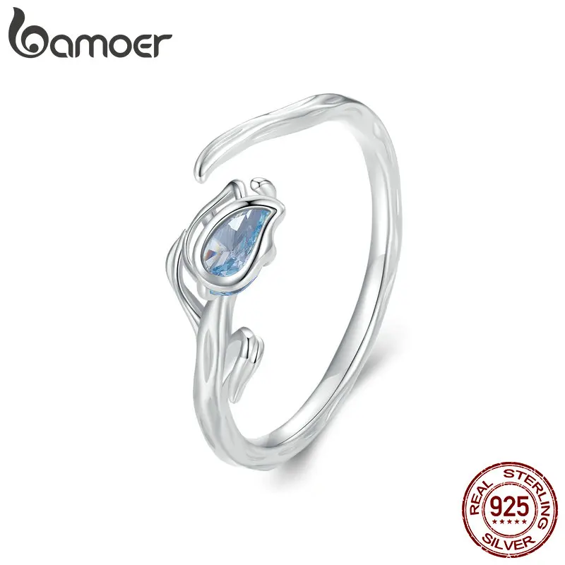 Bamoer 925 Sterling Silver Blue Tulip Opening Ring Flower & Vine Adjustable Ring for Women Romantic Fine Jewelry BSR465