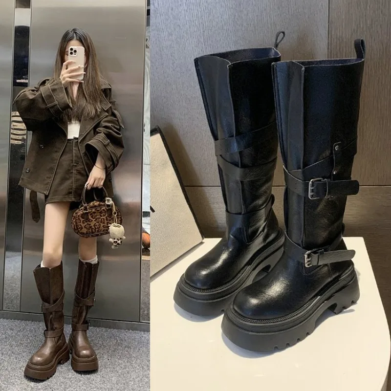 

Western Cowboy Boots for Women Autumn Pointed Toe Thick Heel High Knee Boots Woman Loose PU Leather Long Botas Mujer Plus Siz 40