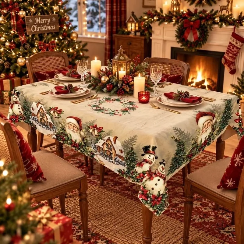 2D Flat Print Christmas Tablecloth Waterproof Oil-proof Stain Resistant Santa Claus Snowman Poinsettia Table Cover Desk Home Dec