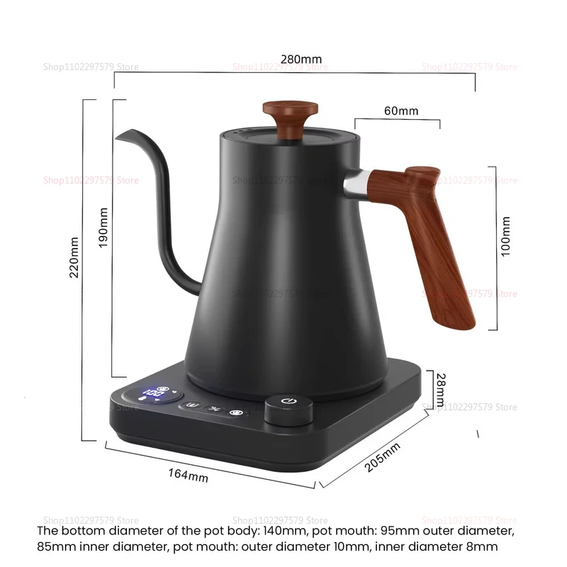 Bule de café artesanal para viagem, portátil, 0,9l, pescoço de ganso, aço inoxidável, temperatura constante inteligente, chaleira elétrica
