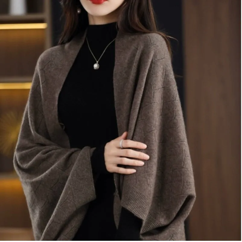Outono inverno feminino solto malha camere oulder envoltório outerwear capuz ne longo sve doce sle fibra de poliéster