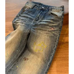 Retro Leopard Jeans Button Zipper Pants Women's New Autumn And Winter Heavy Industry Casual Pants ins Loose Fashion Joker Pants